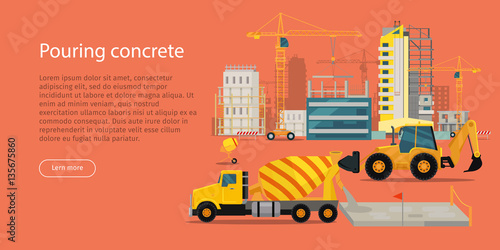 Process of Pouring Concrete Web Banner. Vector