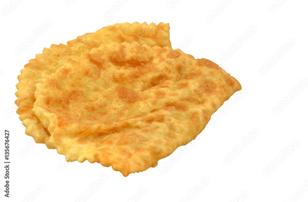 National dish Caucasian cuisine - deep fried pies with meat. Isolated on white background, closeup National dish Caucasian cuisine - deep fried pies with meat. Isolated on white background, closeup