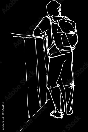 vector sketch of a young man tourist with a backpack leaning on