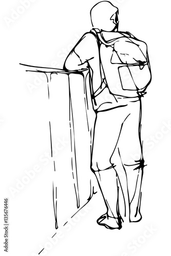 vector sketch of a young man tourist with a backpack leaning on