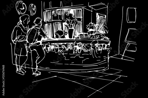 vector sketch at the reception hostel man and woman with backpac