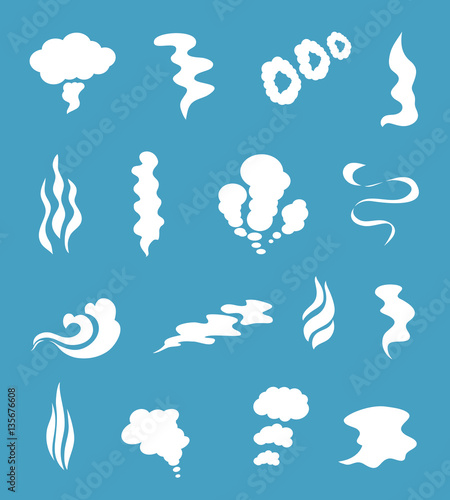 Smoke and steam silhouette icons. Smoking clouds from chimney or fire, cigarettes pipes vector signs