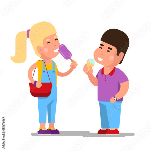 Kids with ice cream vector illustration. Cartoon children eating sweet icecream isolated on white background