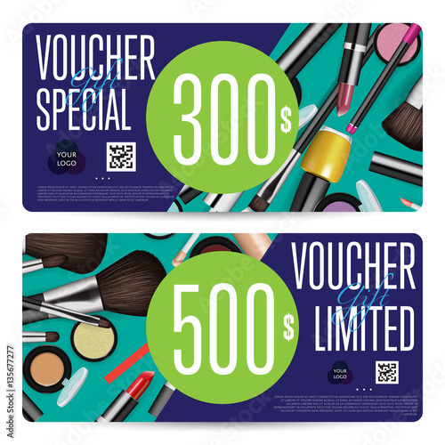 Cosmetics gift voucher template. Gift coupon with fashion makeup accessories and prepaid sum. Makeup brush, powder, lipstick, pencil, polish vectors. Special exclusive offer for cosmetics product sale