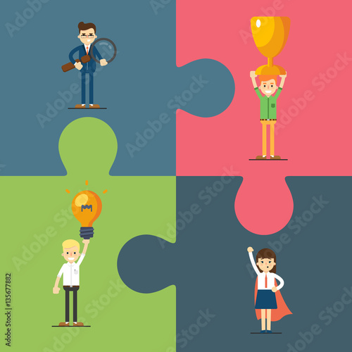 Smiling and young cartoon business people in color puzzle pieces, isolated vector illustration. Business success banner. Win concept. Collaboration and partnership, working together. Business team