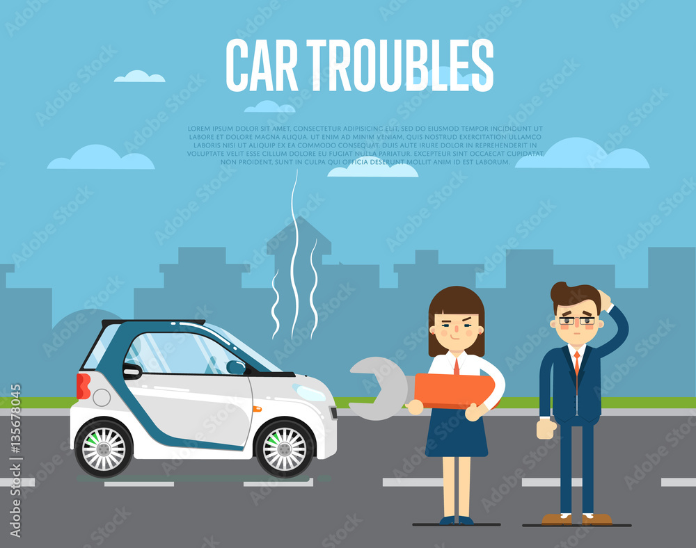 Car troubles concept with people couple standing near broken car on road vector illustration. Concept for automobile repair service. Road accident. Car repair. Urban cityscape background. Flat design Car troubles concept with people couple standing near broken car on road vector illustration. Concept for automobile repair service. Road accident. Car repair. Urban cityscape background. Flat design