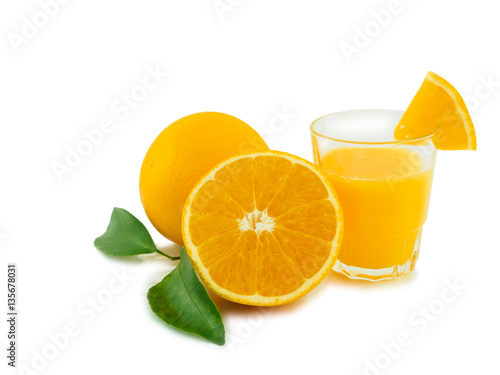 Orange fruit slice and glass of orange juice isolated