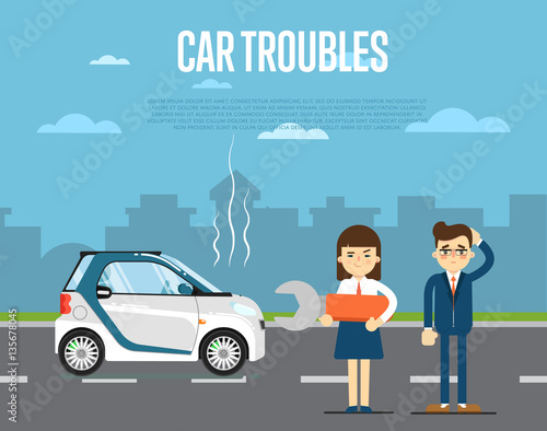 Car troubles concept with people couple standing near broken car on road vector illustration. Concept for automobile repair service. Road accident. Car repair. Urban cityscape background. Flat design