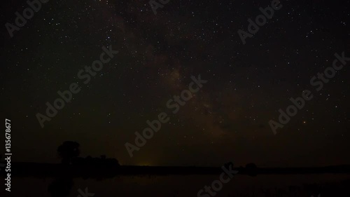 Stars Sky Turning Space with reflection in lake Time Lapse photo