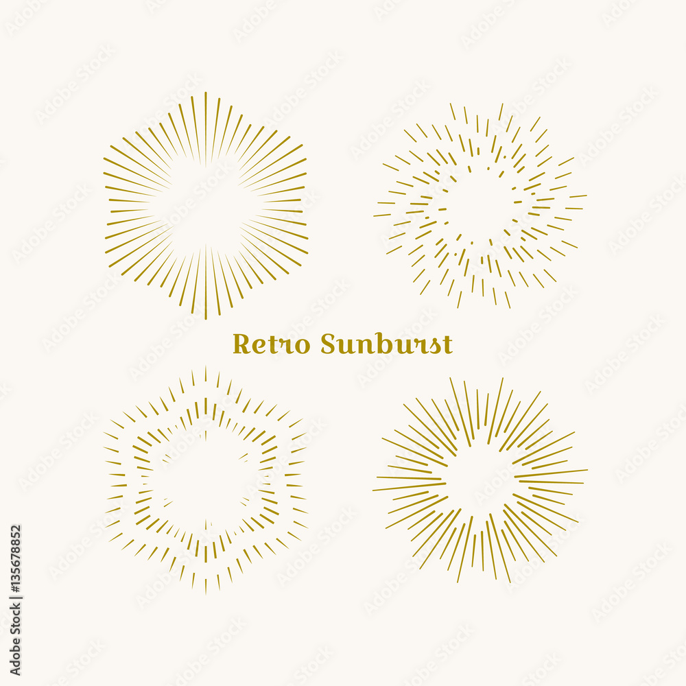 Sunburst frames set. Retro gold Sun burst shape. Vintage explosion logo, label, badge. Firework design element. Old light rays radiating from a center. Retro, vintage, hipster style Sunburst frames set. Retro gold Sun burst shape. Vintage explosion logo, label, badge. Firework design element. Old light rays radiating from a center. Retro, vintage, hipster style