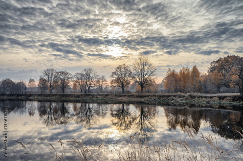 Surface of the autumn river. Dawn. Oakwood. © Виталий Волосевич