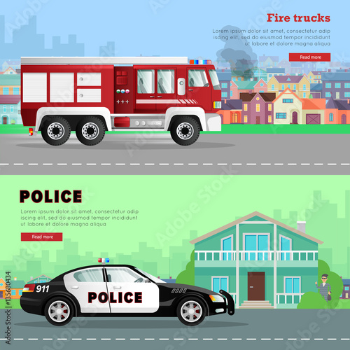 Fire Truck Driving to the and Police Car.