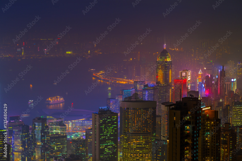 Nightscape view, Victoria Peak in Hong Kong