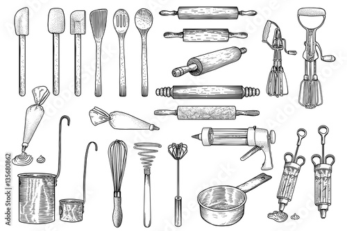 Fotografia Kitchen, tool, utensil, vector, drawing, engraving, illustration, set, collectio