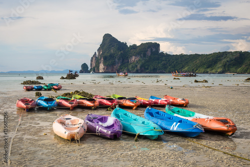 Boats during low tide on Phi Phi island