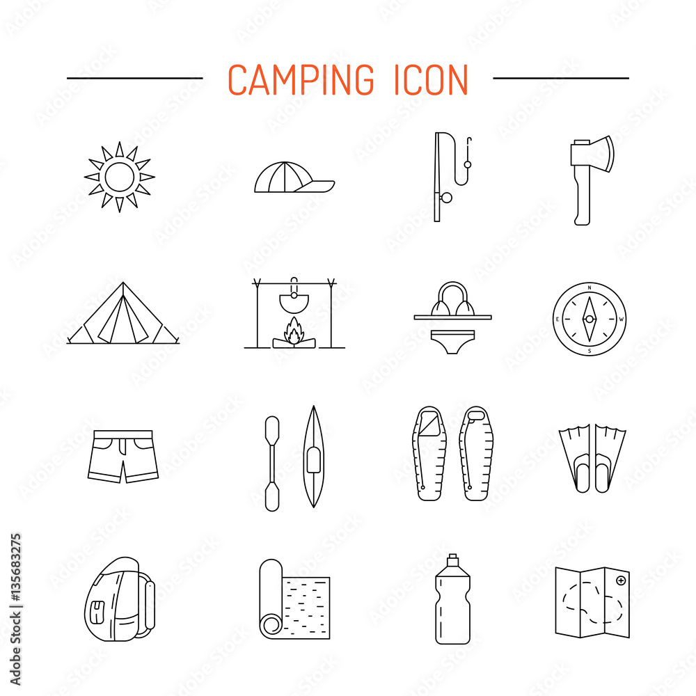 Vector linear icons on the topic of camping and Hiking in the wild, forest, lake, mountains, painted in a linear style. Vector linear icons on the topic of camping and Hiking in the wild, forest, lake, mountains, painted in a linear style.