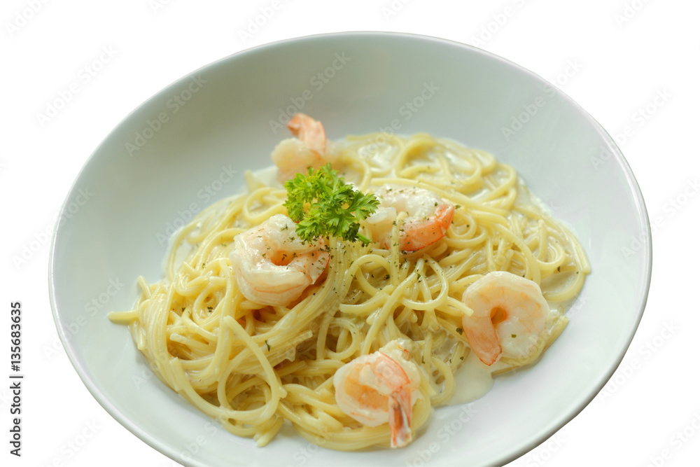 Spaghetti Carbonara or white cream sauce pasta with shrimp.