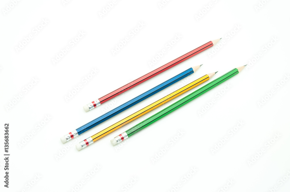 4 Sharp Color Pencils close up on white background ,for education background 4 Sharp Color Pencils close up on white background ,for education background
