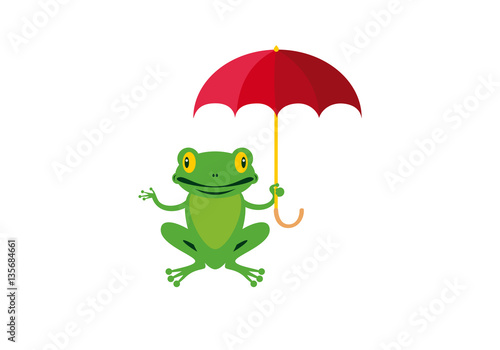 Happy cute green tree frog icon vector. Funny green frog with red umbrella vector illustration. Smiling tree frog cartoon character isolated on a white background