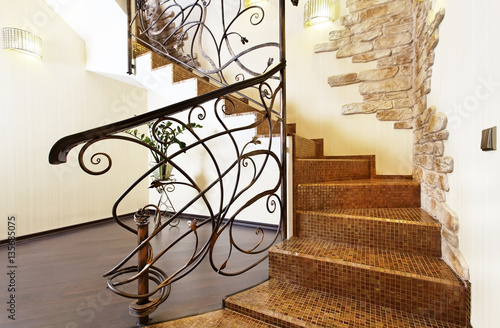 Slika na platnu Classical mosaic stairs with ornamental handrail and stone decor