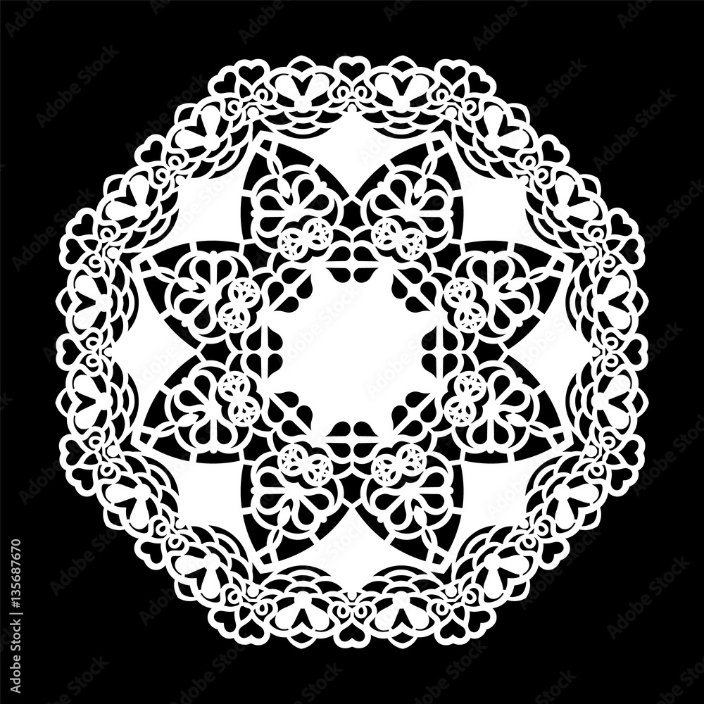 Fototapeta premium Lace round paper doily, lacy snowflake, greeting element, template for cutting plotter, round pattern, laser cut template, doily to decorate the cake, vector illustrations.