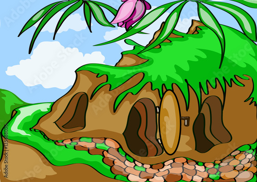  graphic   design , cartoon  background , earthen  house , grass  and   flower