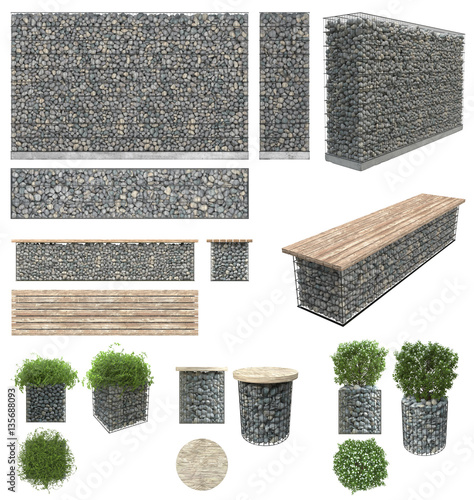Gabion - stones in wire mesh. Wall, bench, flower pots with plants of the rocks and metal grates. Isolated on white background. Front view, side view, top view. Garden elements for landscape. photo