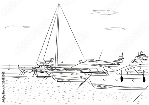 Sketch of white yachts in the port waiting. On the sea is calm. .Vector.