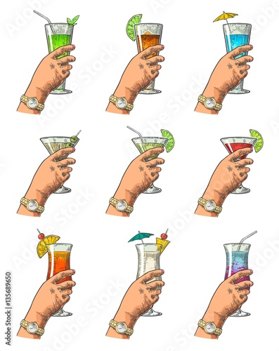 Female hand holding a glasses of cocktails. Vintage vector engraving