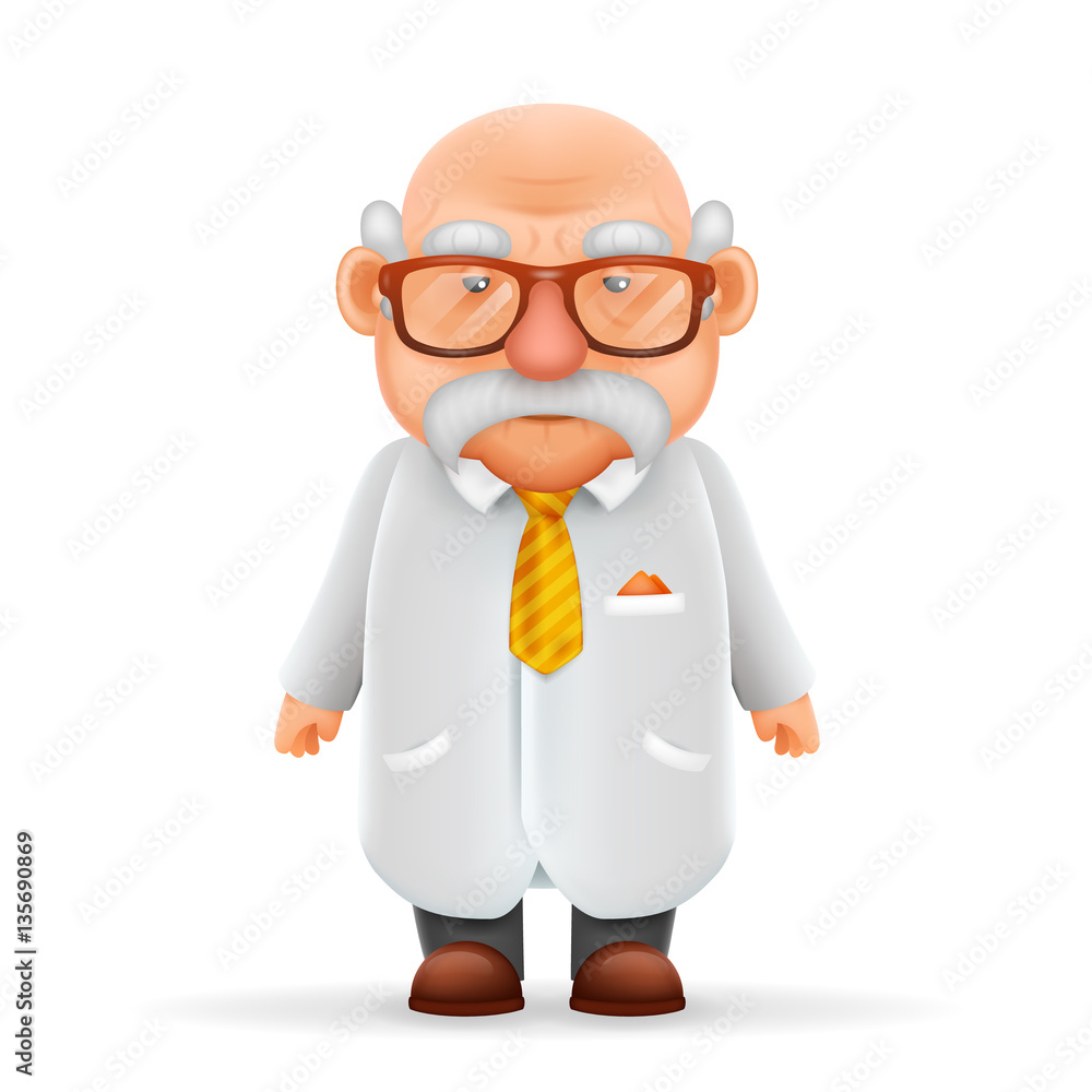 Funny Old Wise Scientist Grandfather Pointing Thumbs Up 3d Realistic Cartoon Character Design Isolated Vector Illustration