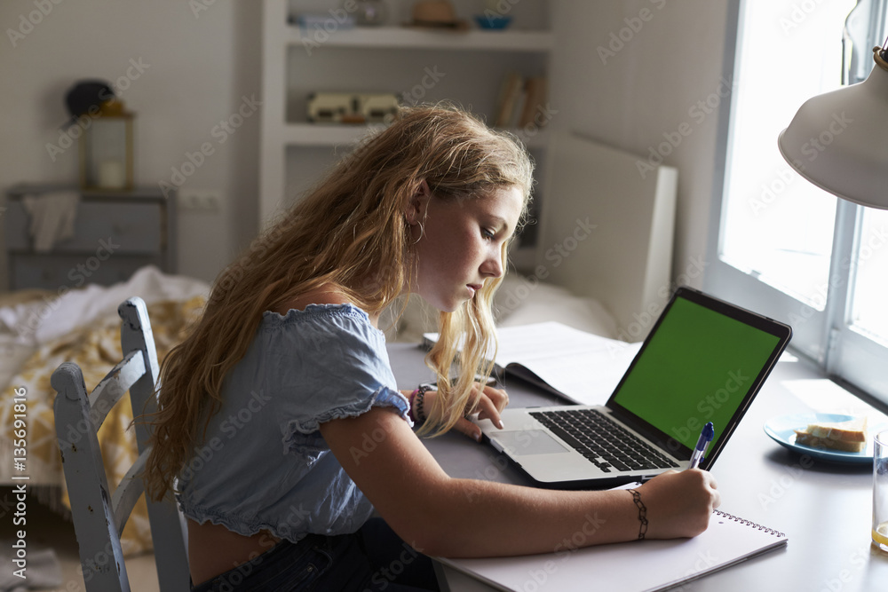 Teenage girl using laptop and writing at desk in her bedroom