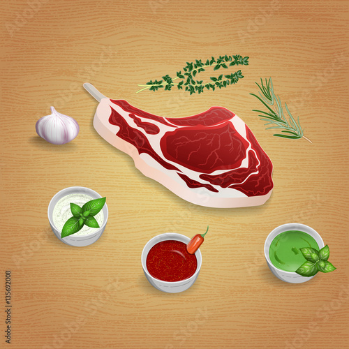 Crude organic lamb cutlet on the bone with herbs and sauces on t