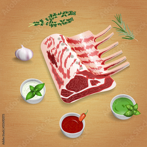 Crude organic lamb chops with herbs and sauces on the board. For