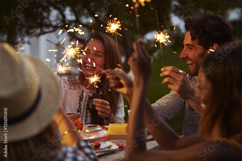 Sticker Friends With Sparklers Eating Food And Enjoying Party