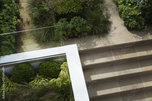 York stone steps leading from lower area to upper area, planted with ornamental grasses and alchemilla mollis