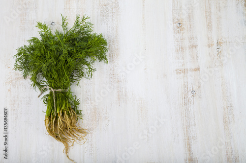 Fresh dill on a light wooden background.