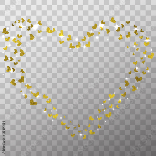 Glow light effect and golden foil hearts isolated on the transparent background for Valentines day photo overlays and decoration.