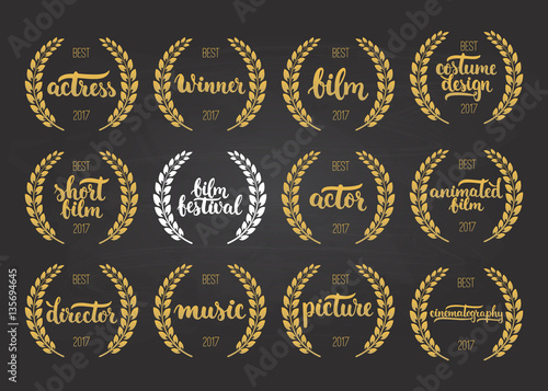 Set of awards for best film, actor, picture, animated, costume design, actress, director, music and winner for movie festival with wreath and 2017 text isolated on the black chalkboard background