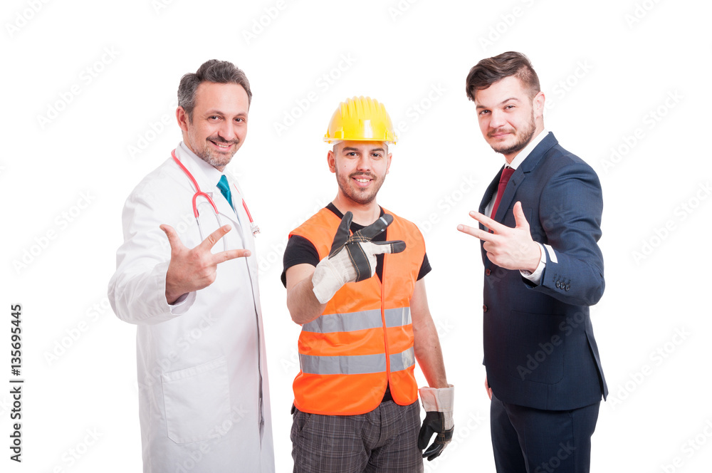 Group of successful men showing number three Group of successful men showing number three