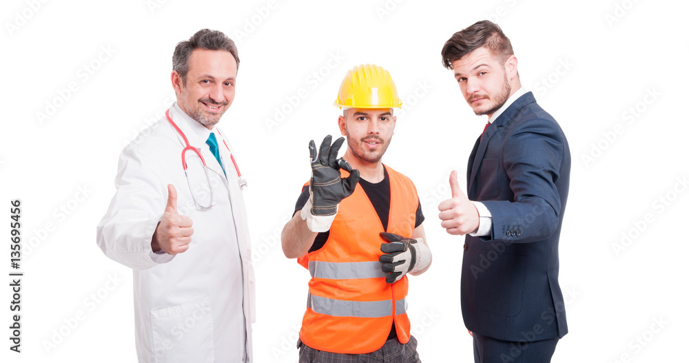 Medic or doctor and businessman showing like gesture Medic or doctor and businessman showing like gesture