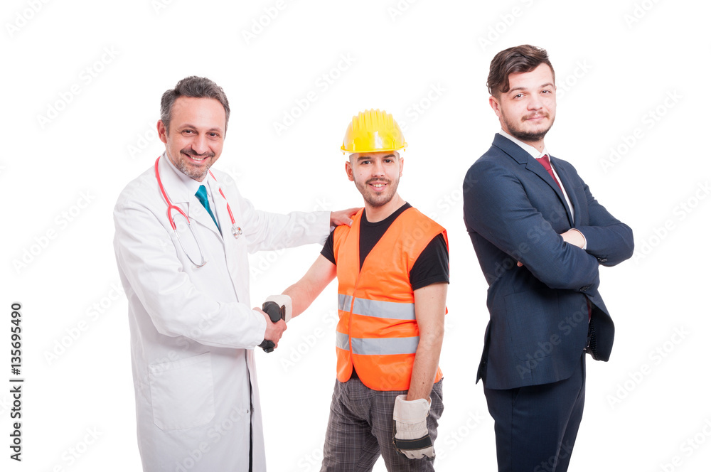 Businessman near medic and engineer offering handshake Businessman near medic and engineer offering handshake