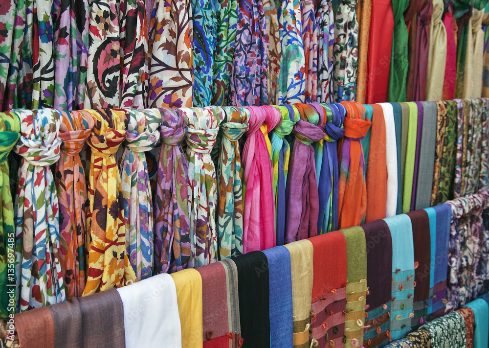 Colorful scarves on an oriental bazaar market