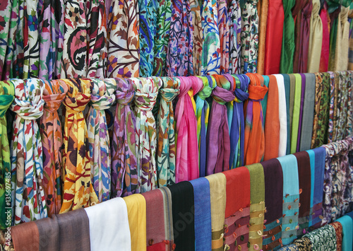 Colorful scarves on an oriental bazaar market © Nadezhda Bolotina