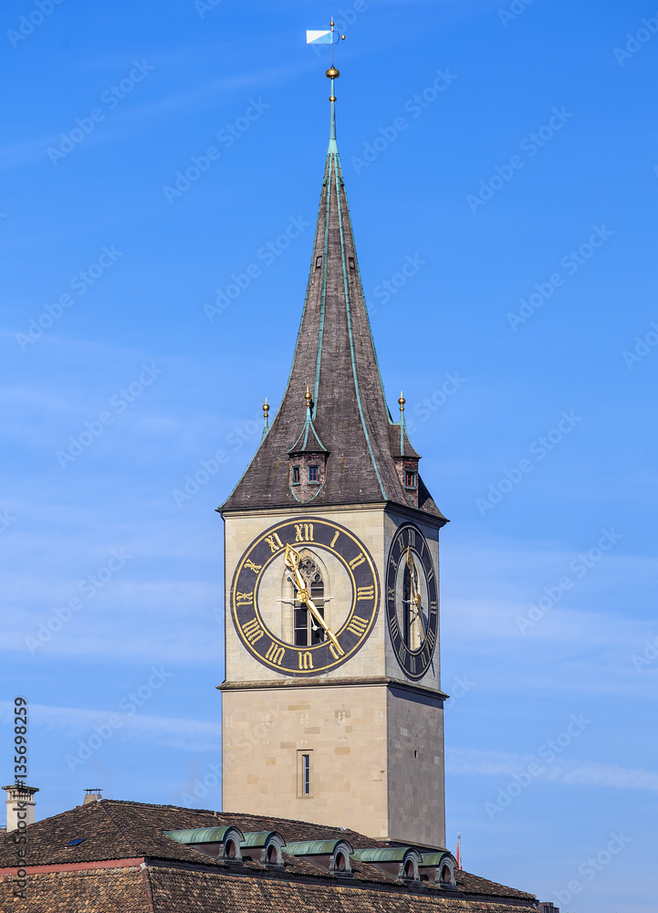 Clock tower of the St. Peter Church in Zurich, Switzerland