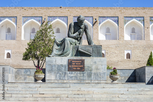 Muhammad ibn Musa al Khwarizmi (Xorazmiy) - a Persian mathematician, astronomer, and geographer during the Abbasid Caliphate. Monument in Khiva, Uzbekistan