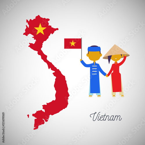 Vietnam map flag and traditional wear vietnamese cartoon characters, vector illustrations