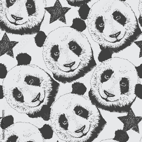 Hand-drawn seamless pattern background with panda and star