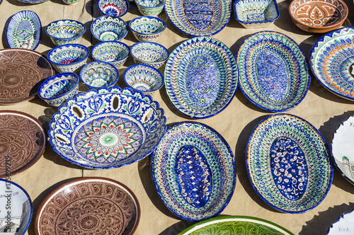 Traditional plates on the street market in Khiva, Uzbekistan