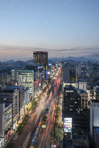 Cars at peak hours in the main avenue of Gangnam district in Seoul, South Korea.
