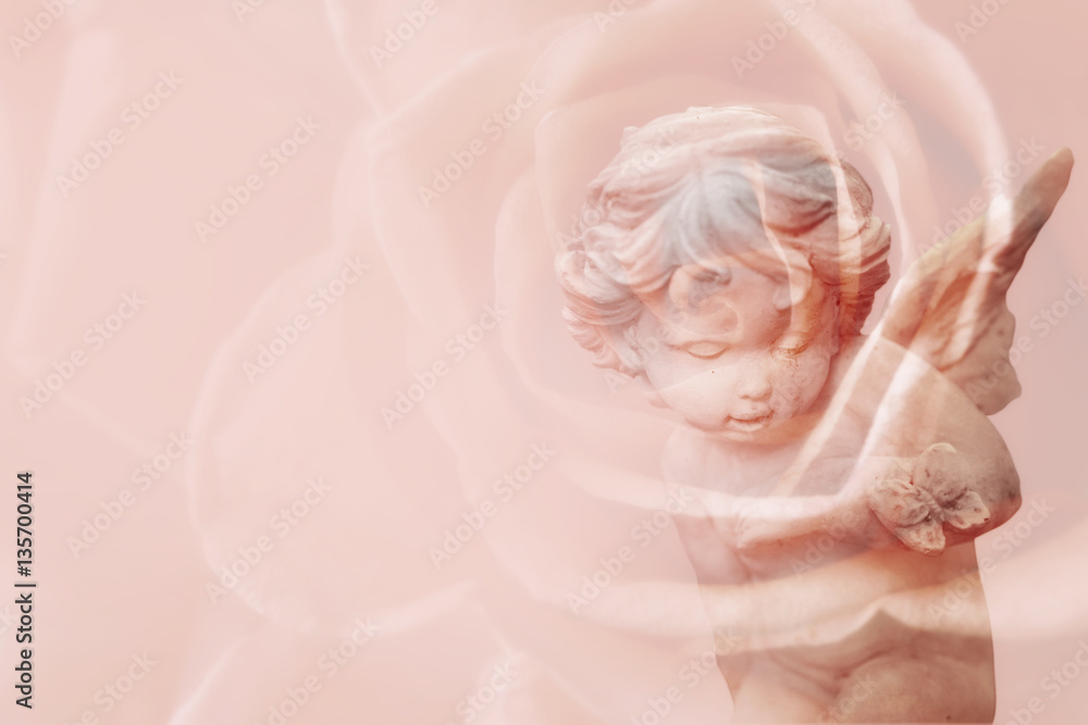Fototapeta premium Rose and Cupid,double exposure.Background for Valentine's day.